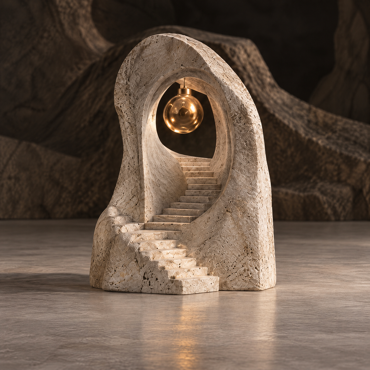 Full view of an asymmetric cream portal sculpture with winding stairs and a suspended orb, without text