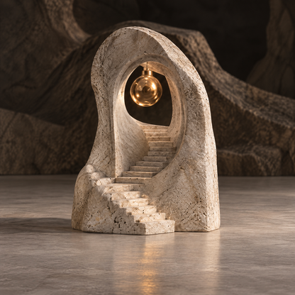 Full view of an asymmetric cream portal sculpture with winding stairs and a suspended orb, without text