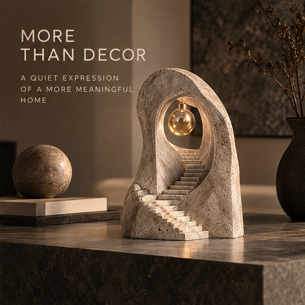 Close-up of the suspended reflective orb, gold-tone cap, and textured arch