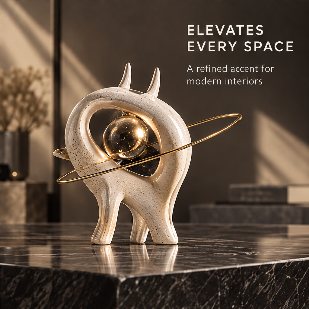 Horned orbit sculpture styled on a tabletop