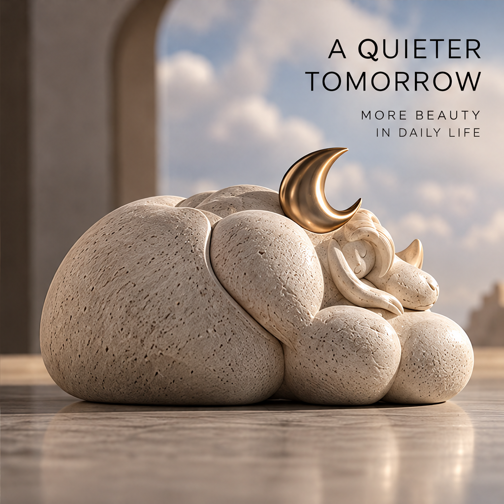 Close-up of the sleeping faces, textured cream finish, and gold-tone crescent
