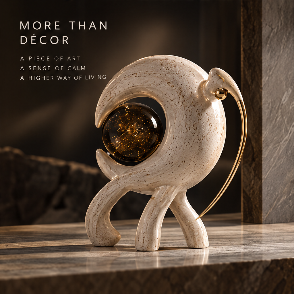 Crescent bird sculpture styled on a tabletop with a long curved gold-tone beak