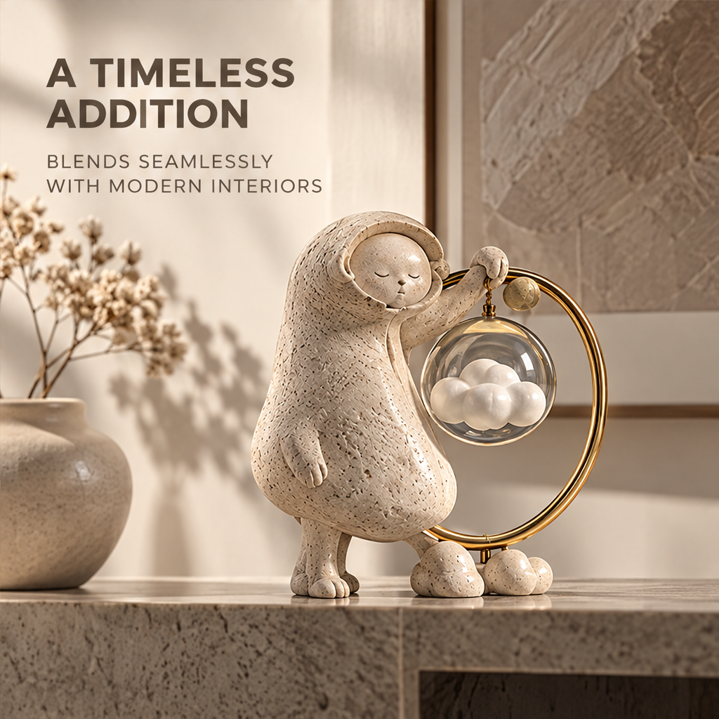 Cloud keeper figure and gold-tone ring styled on a console